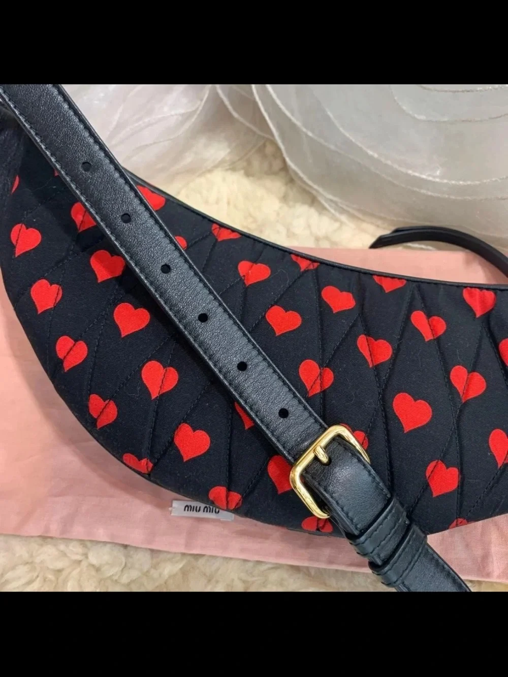 Miu Miu Black Quilted Crossbody with Red Heart Print and Gold Hardware